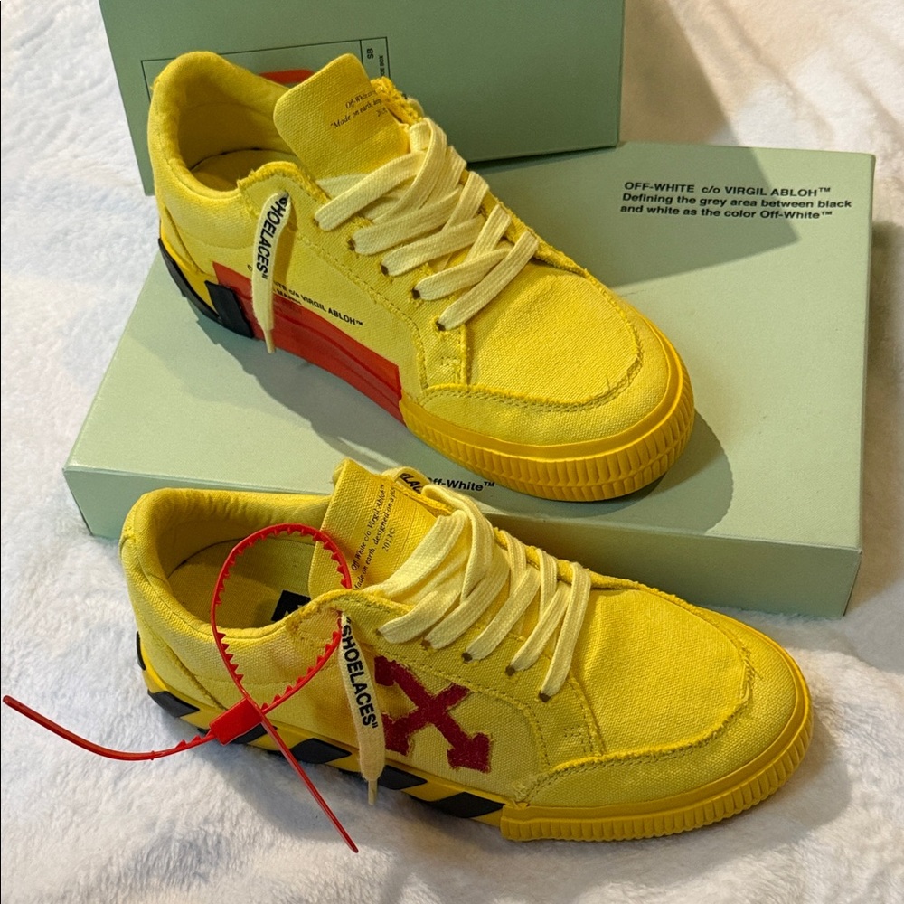 Off-White Vibrant Yellow Sneakers with Red and Black Details